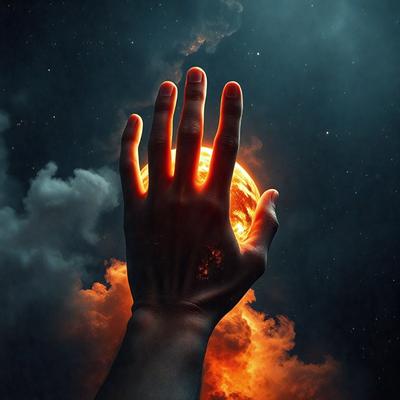 The primary subject of the image is a hand holding a fireball, which is a bright orange ball of fire. The hand is positioned in front of a cloudy sky, creating a dramatic and intense scene. The visual style of the image is a digital art or illustration, as it appears to be a creative and imaginative representation of a hand holding a fireball. The colors and mood of the image are dominated by the bright orange fireball and the cloudy sky, which together evoke a sense of